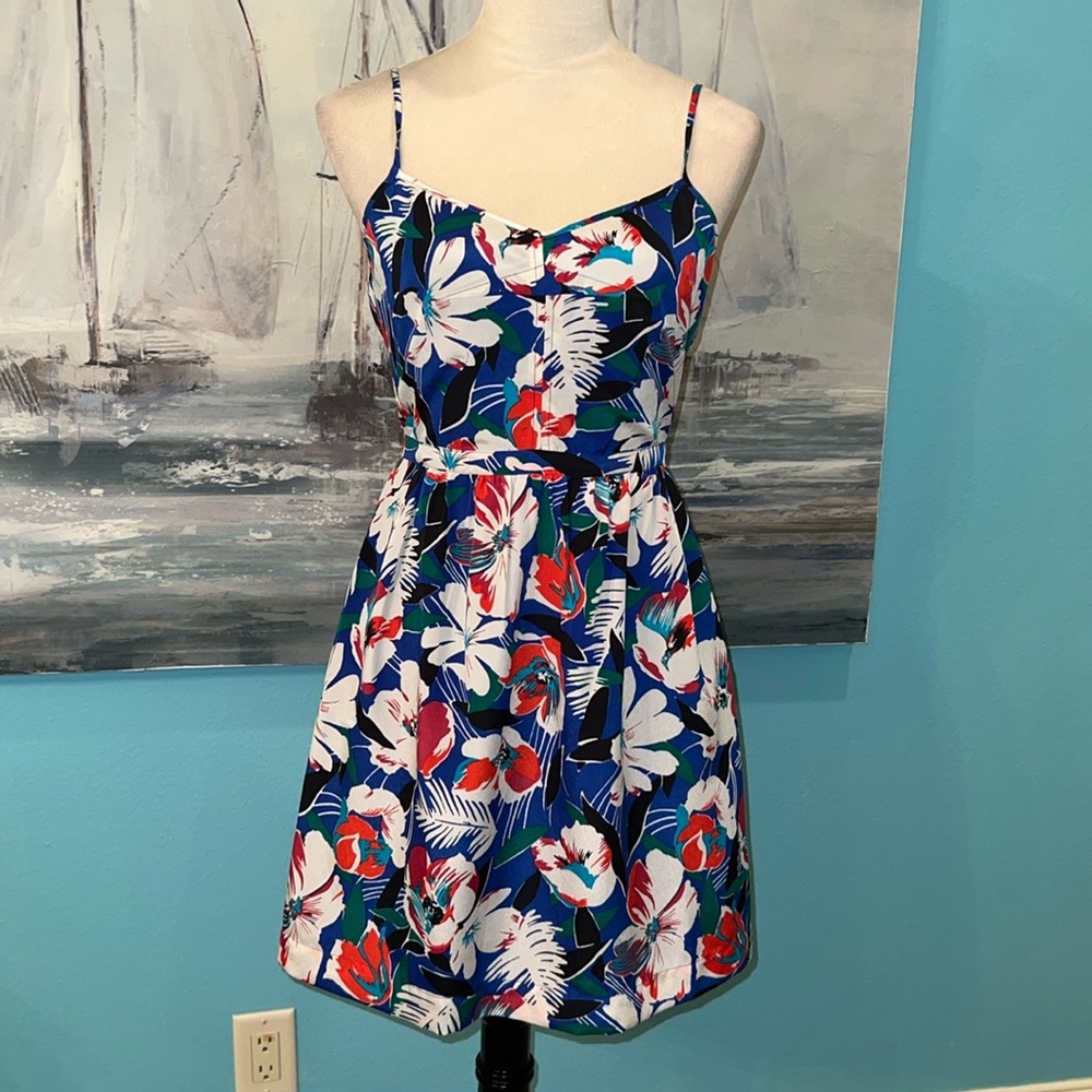 J Crew Blue Floral Spaghetti Strap Dress, Sz 4